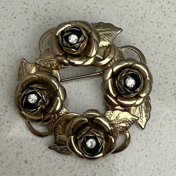 Vintage Brooch Gold Tone Roses Rhinestones Mid-Century Modern MCM - Picture 2 of 8